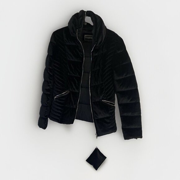 Guess Teoma Black Velvet Stretch Quilted Puffer Jacket Coat Sz M Y2K - Picture 2 of 7